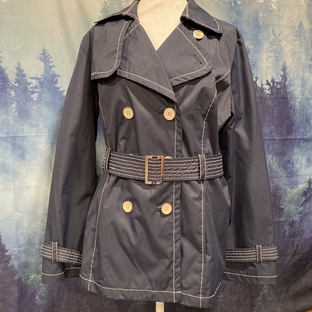 Dressbarn Jacket Coat Women's Medium Navy Blue White Button Peacoat Dress Career